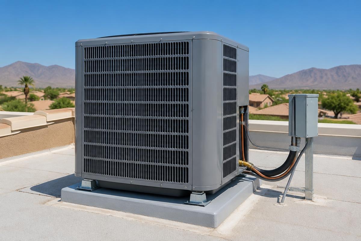Refrigerated air condenser unit installed on a residential rooftop